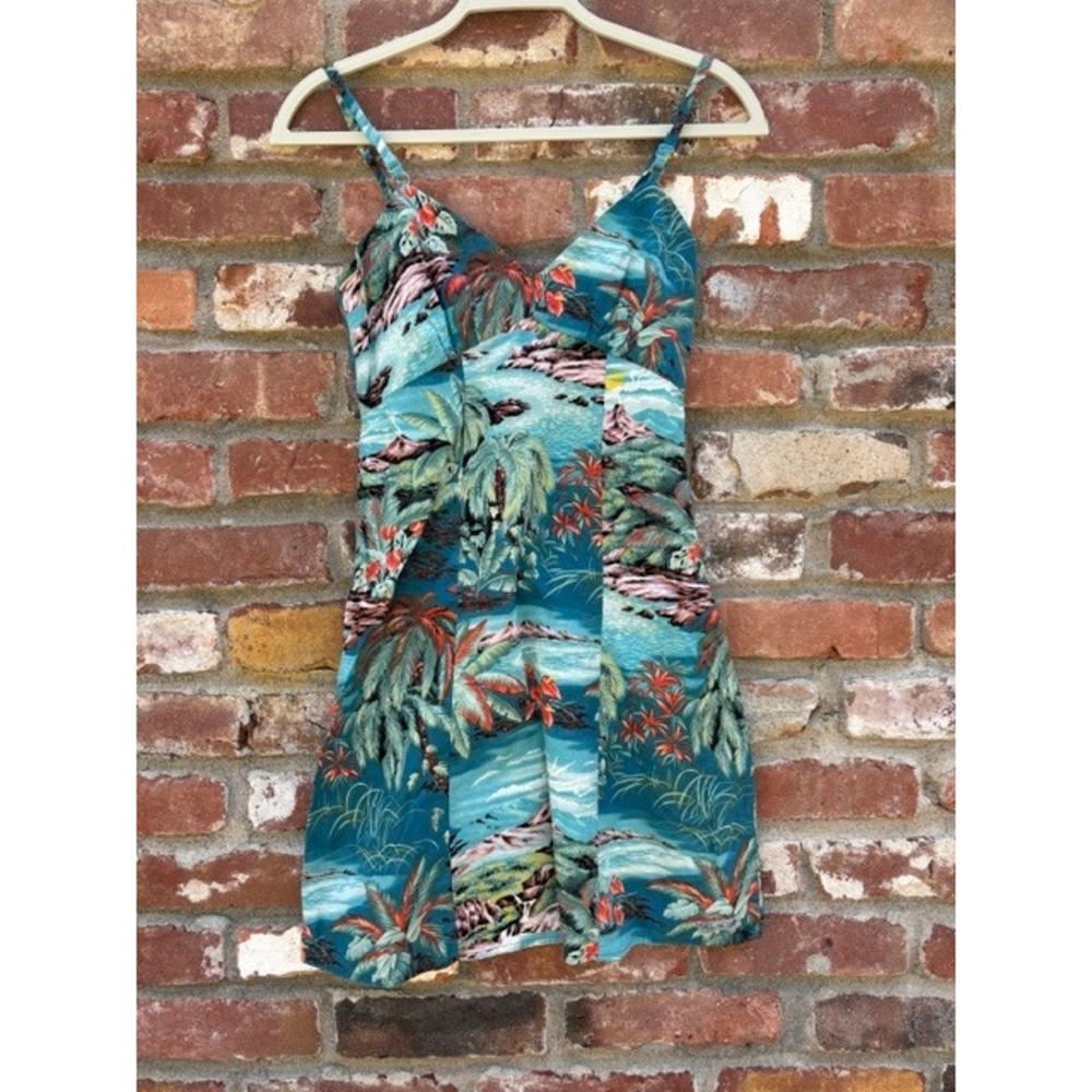 Y2K Rusty Women Teal Tropical Palm Tree V-Neck Spaghetti Strap Mini Dress Sz 3